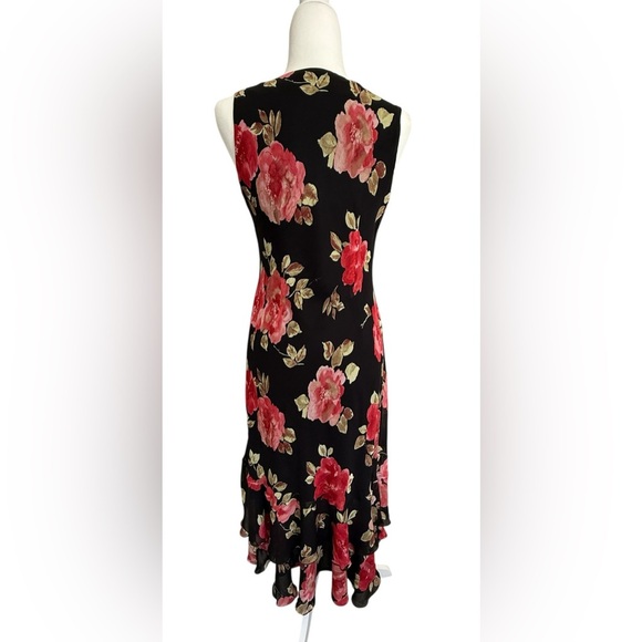 Vintage Petite Sophisticate Black Floral Midi Slip Dress Red Rose 6 Chiffon - Picture 3 of 10